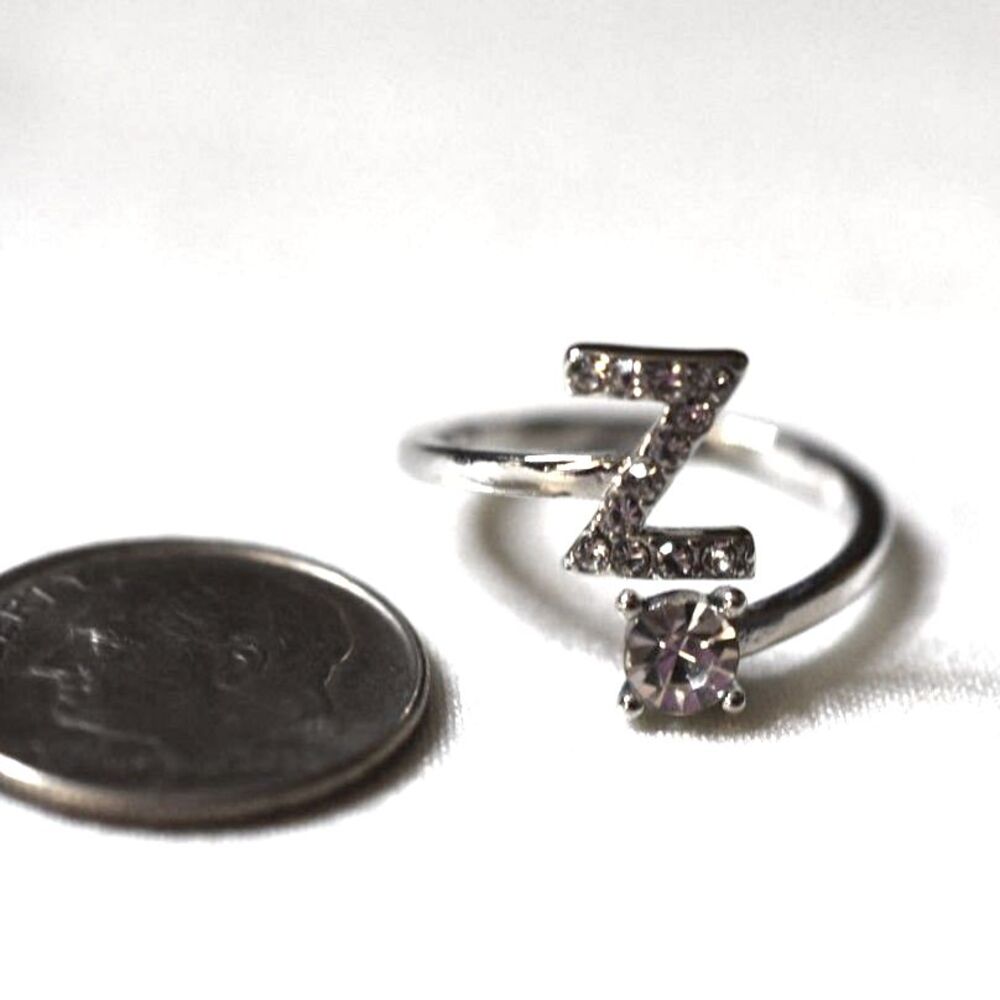 Divine "Z" Rhinestone Accents Silver Tone Metal Cuff Band Size 7 Glam Party Ring